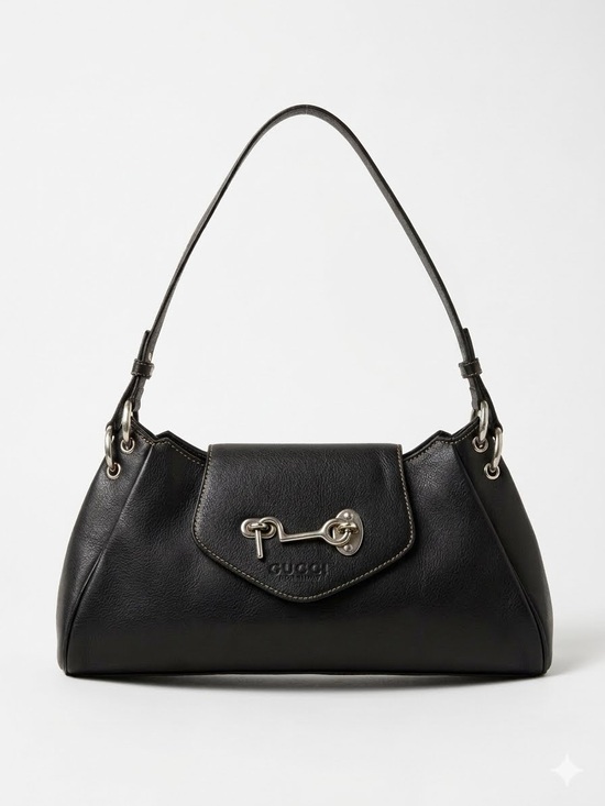 Gucci Handbags - Gucci Black Leather Shoulder Bag with Silver Horsebit Accent